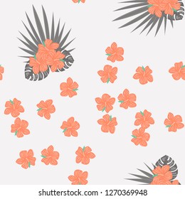 Tropical pattern with hibiscus flowers and leaves. Exotic seamless pattern with tropical leaves. Ethnic Background with Hawaiian flowers and plants.
