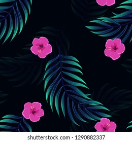 Tropical pattern with hibiscus flowers and leaves. Exotic seamless pattern with tropical leaves. Ethnic Background with Hawaiian flowers and plants.