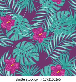 Tropical pattern with hibiscus flowers and leaves. Exotic seamless pattern with tropical leaves. Ethnic Background with Hawaiian flowers and plants.