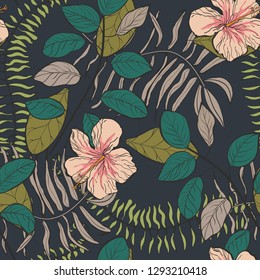 Tropical pattern with hibiscus flowers and leaves on a dark background. Floral background.