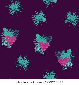Tropical pattern with hibiscus flowers and leaves. Exotic seamless pattern with tropical leaves. Ethnic Background with Hawaiian flowers and plants.