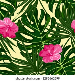 Tropical pattern with hibiscus flowers and leaves. Exotic seamless pattern with tropical leaves. Ethnic Background with Hawaiian flowers and plants.