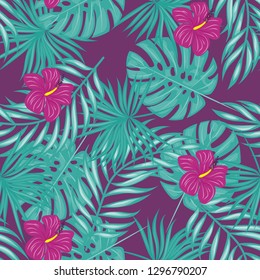 Tropical pattern with hibiscus flowers and leaves. Exotic seamless pattern with tropical leaves. Ethnic Background with Hawaiian flowers and plants.