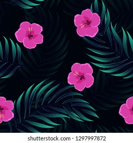 Tropical pattern with hibiscus flowers and leaves. Exotic seamless pattern with tropical leaves. Ethnic Background with Hawaiian flowers and plants.