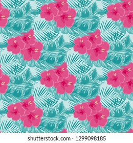 Tropical pattern with hibiscus flowers and leaves. Exotic seamless pattern with tropical leaves. Ethnic Background with Hawaiian flowers and plants.