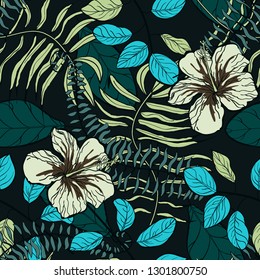 Tropical pattern with hibiscus flowers and leaves. Exotic seamless pattern with tropical leaves. Ethnic Background with Hawaiian flowers and plants.