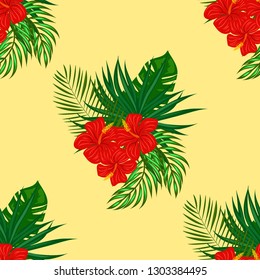 Tropical pattern with hibiscus flowers and leaves. Exotic seamless pattern with tropical leaves. Ethnic Background with Hawaiian flowers and plants.