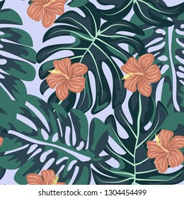 Tropical pattern with hibiscus flowers and leaves. Exotic seamless pattern with tropical leaves. Ethnic Background with Hawaiian flowers and plants.