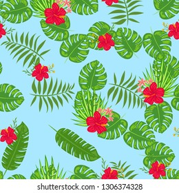 Tropical pattern with hibiscus flowers and leaves. Exotic seamless pattern with tropical leaves. Ethnic Background with Hawaiian flowers and plants.