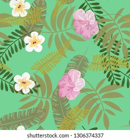 Tropical pattern with hibiscus flowers and leaves. Exotic seamless pattern with tropical leaves. Ethnic Background with Hawaiian flowers and plants.