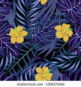 Tropical pattern with hibiscus flowers and leaves. Exotic seamless pattern with tropical leaves. Ethnic Background with Hawaiian flowers and plants.
