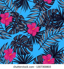 Tropical pattern with hibiscus flowers and leaves. Exotic seamless pattern with tropical leaves. Ethnic Background with Hawaiian flowers and plants.