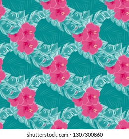 Tropical pattern with hibiscus flowers and leaves. Exotic seamless pattern with tropical leaves. Ethnic Background with Hawaiian flowers and plants.