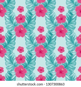 Tropical pattern with hibiscus flowers and leaves. Exotic seamless pattern with tropical leaves. Ethnic Background with Hawaiian flowers and plants.