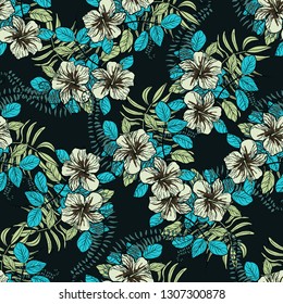 Tropical pattern with hibiscus flowers and leaves. Exotic seamless pattern with tropical leaves. Ethnic Background with Hawaiian flowers and plants.