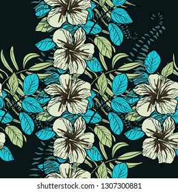 Tropical pattern with hibiscus flowers and leaves. Exotic seamless pattern with tropical leaves. Ethnic Background with Hawaiian flowers and plants.