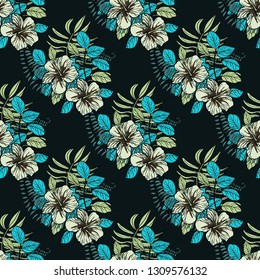 Tropical pattern with hibiscus flowers and leaves. Exotic seamless pattern with tropical leaves. Ethnic Background with Hawaiian flowers and plants.