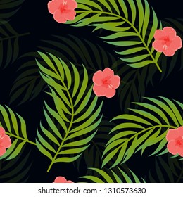 Tropical pattern with hibiscus flowers and leaves. Exotic seamless pattern with tropical leaves. Ethnic Background with Hawaiian flowers and plants.