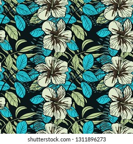 Tropical pattern with hibiscus flowers and leaves. Exotic seamless pattern with tropical leaves. Ethnic Background with Hawaiian flowers and plants.
