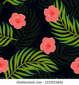 Tropical pattern with hibiscus flowers and leaves. Exotic seamless pattern with tropical leaves. Ethnic Background with Hawaiian flowers and plants.