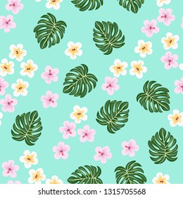 Tropical pattern with hibiscus flowers and leaves. Exotic seamless pattern with tropical leaves. Ethnic Background with Hawaiian flowers and plants.