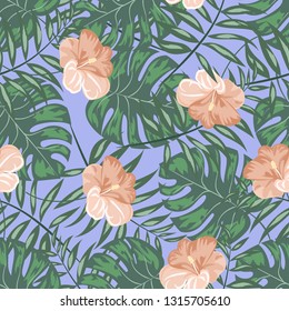 Tropical pattern with hibiscus flowers and leaves. Exotic seamless pattern with tropical leaves. Ethnic Background with Hawaiian flowers and plants.