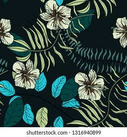 Tropical pattern with hibiscus flowers and leaves. Exotic seamless pattern with tropical leaves. Ethnic Background with Hawaiian flowers and plants.