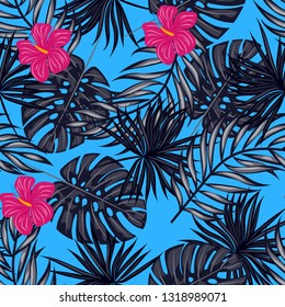 Tropical pattern with hibiscus flowers and leaves. Exotic seamless pattern with tropical leaves. Ethnic Background with Hawaiian flowers and plants.