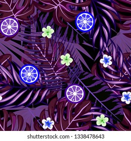 Tropical pattern with hibiscus flowers and leaves. Exotic seamless pattern with tropical leaves. Ethnic Background with Hawaiian flowers and plants.