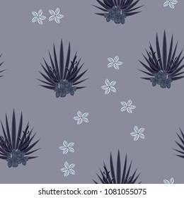 Tropical pattern with hibiscus flowers, palm leaves and monster. Monochrome pattern with tropical plants. Frangipani, plumeria, hibiscus, monsterna. A tropical forest.