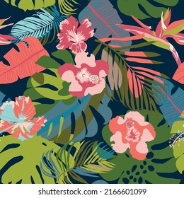 tropical pattern with hibiscus and leaves, vector design for paper, fabric and other surface