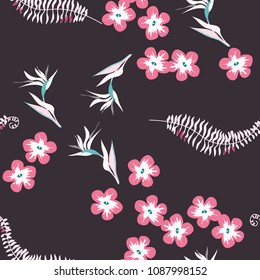 Tropical pattern with hibiscus, plumeria and monstera. Tropical Pattern. Flowers of hibiscus and plumeria. Summer flower pattern.