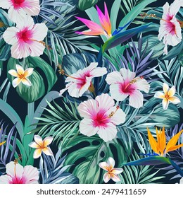 Tropical pattern. Hibiscus, Plumeria, Monstera, Flower of Paradise, Palm Leaf.