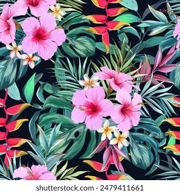 Tropical pattern. Hibiscus, Plumeria, Monstera, Flower of Paradise, Palm Leaf.