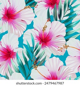 Tropical pattern. Hibiscus, plumeria, orchid, monstera, paradise flower, palm leaf.