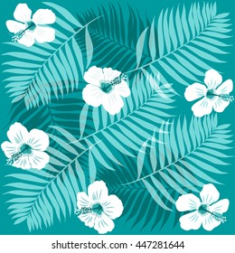 Tropical pattern with Hibiscus white flowers and blue palm leaves. Vector illustration.