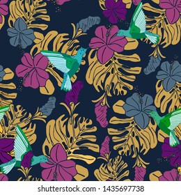 tropical pattern with hummingbirds, palm leaves and hibiscus flowers