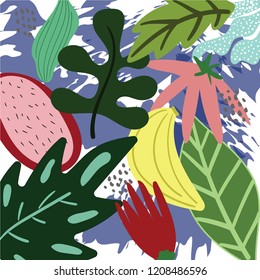 Tropical pattern with the image of exotic fruits and flowers.