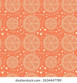 Padrão tropical com laranjas suculentas em um fundo laranja. Frutos frescos, suculentos e sem fim. Padrão perfeito para impressão