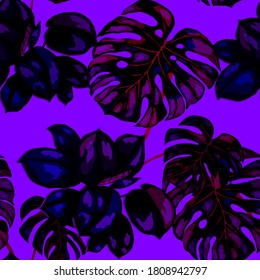 Patrón tropical. Impresión veraniega exótica de la jungla. Hoja tropical de verano. Patrón de la moda de las flores tropicales. Ilustración con tropismo floral. Patrón veloz. Hermosa huella con hojas tropicales.