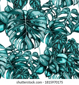 Tropical pattern. Jungle exotic summer print. Summer tropical leaf. Tropical flower fashion pattern. Floral tropic illustration. Vector seamless pattern. Beautiful print with tropical leaves.