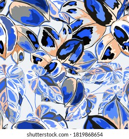 Tropical pattern. Jungle exotic summer print. Summer tropical leaf. Tropical flower fashion pattern. Floral tropic illustration. Vector seamless pattern. Beautiful print with tropical leaves.