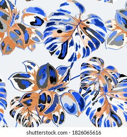 Tropical pattern. Jungle exotic summer print. Summer tropical leaf. Tropical flower fashion pattern. Floral tropic illustration. Vector seamless pattern. Beautiful print with tropical leaves.