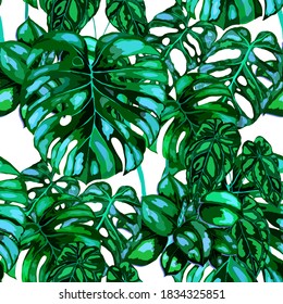 Tropical pattern. Jungle exotic summer print. Summer tropical leaf. Tropical flower fashion pattern. Floral tropic illustration. Vector seamless pattern. Beautiful print with tropical leaves.