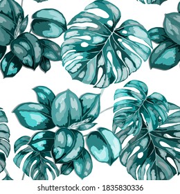 Tropical pattern. Jungle exotic summer print. Summer tropical leaf. Tropical flower fashion pattern. Floral tropic illustration. Vector seamless pattern. Beautiful print with tropical leaves.