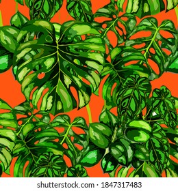 Patrón tropical. Impresión veraniega exótica de la jungla. Hoja tropical de verano. Patrón de la moda de las flores tropicales. Ilustración con tropismo floral. Patrón veloz. Hermosa huella con hojas tropicales.	