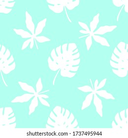 Tropisches Muster mit Blattsilhouetten auf blauem Hintergrund. Vector Illustration des Sommers. Nahtlose exotische Tapete. Für Web, Banner, Scrapbooking, Druck auf Stoff, Packpapier, Verpackung.