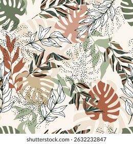Padrão tropical com folhas e traços abstratos. Ideal para papel de parede, texturas de superfície, têxteis.