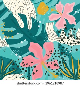 tropical pattern with leaves and colored shapes