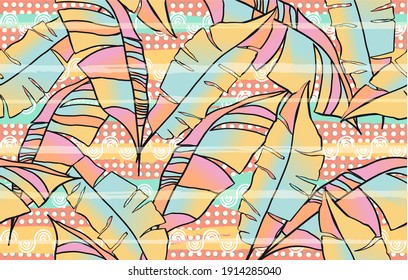 Tropical pattern with leaves, dots and pretty colors. Surface pattern design for decoration and textiles